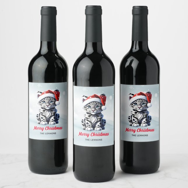 Snowy Christmas Santa Cute Snow Leopard Cub  Wine Label (Bottles)