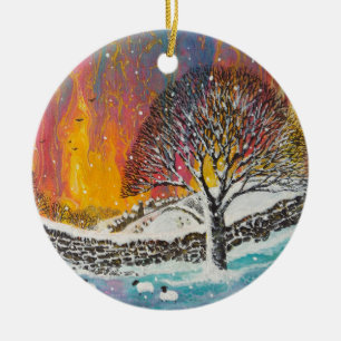 Snowy Christmas Scene Holiday Card Classic Round S Ceramic Ornament