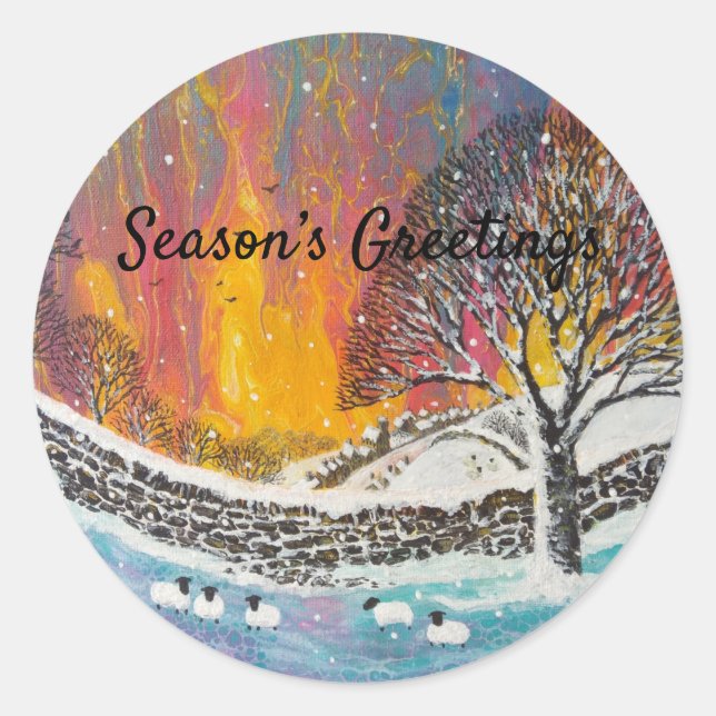 Snowy Christmas Scene Holiday Card Classic Round Sticker (Front)
