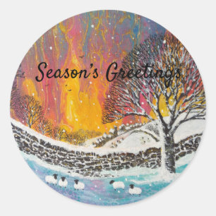 Snowy Christmas Scene Holiday Card Classic Round Sticker