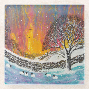 Snowy Christmas Scene Holiday Glass Coaster