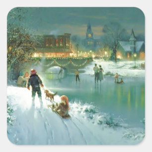 Snowy Christmas Scene Square Sticker