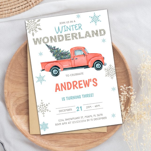 Snowy Christmas Theme Party Invitation (Red Truck Wonderland Birthday Invitations)