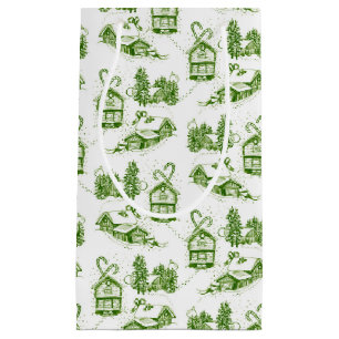 Snowy Christmas Toile   green   Small Gift Bag