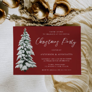Snowy Christmas Tree Burgundy Red Christmas Party Invitation