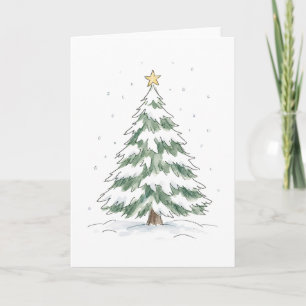 Snowy Christmas Tree with Golden Star Watercolor Card