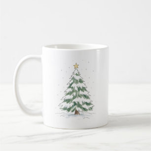 Snowy Christmas Tree with Golden Star Watercolor Coffee Mug