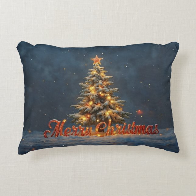 Snowy Christmas Tree with Warm Lights Decorative Cushion (Front)