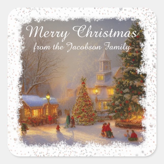 Snowy Christmas Trees Scene In Village Square Square Sticker (Front)