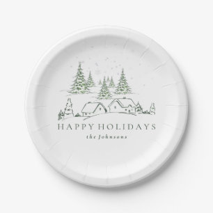 Snowy Christmas Village Paper Plate