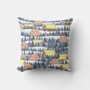 Snowy Christmas Village Pattern Cushion