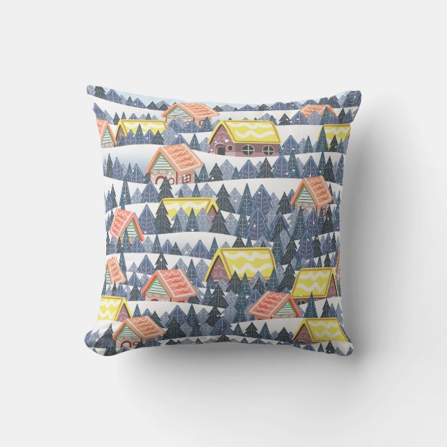 Snowy Christmas Village Pattern Cushion (Front)
