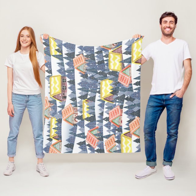 Snowy Christmas Village Pattern Fleece Blanket (In Situ)