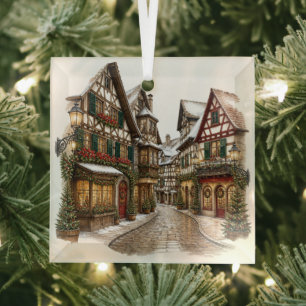 Snowy Christmas Village Square Glass Ornament