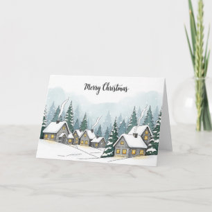 Snowy Christmas Village with Cozy Winter Cottages Holiday Card