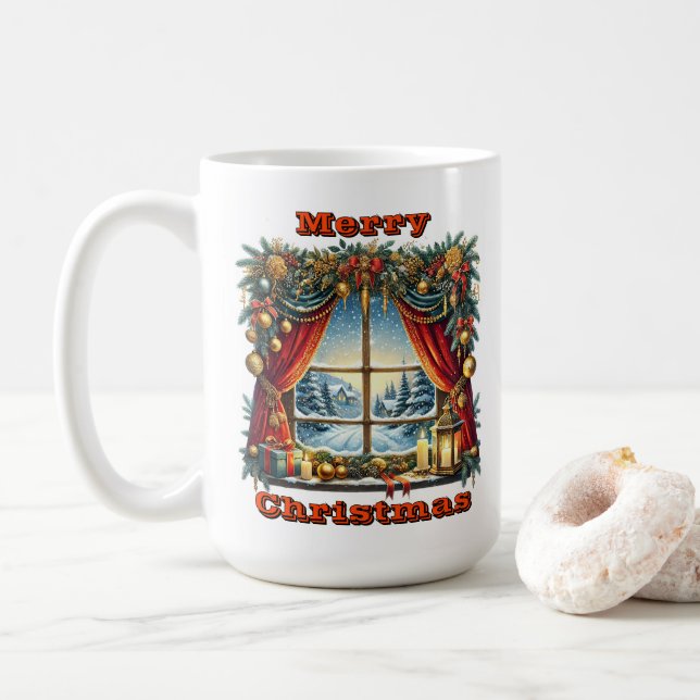 Snowy Christmas Window Charm Coffee Mug (With Donut)
