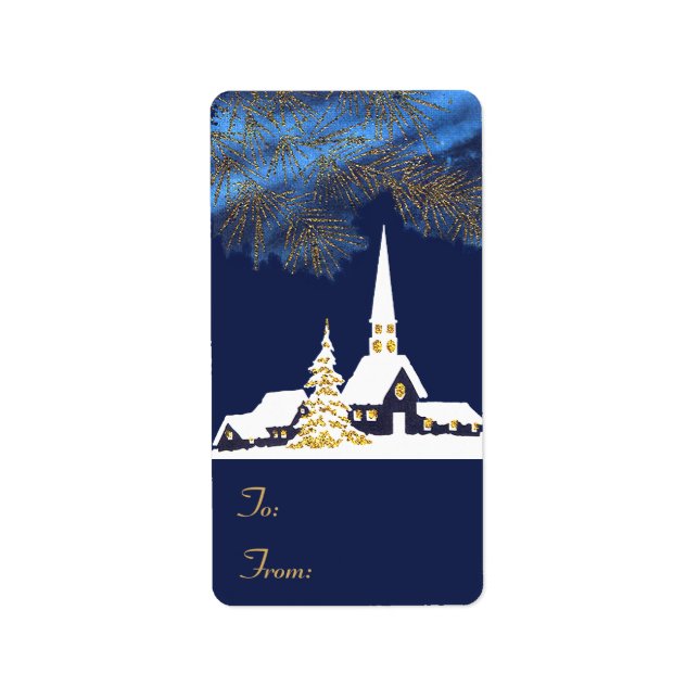Snowy Church Christmas Gift Tag Stickers (Front)