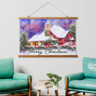 Snowy church hanging tapestry