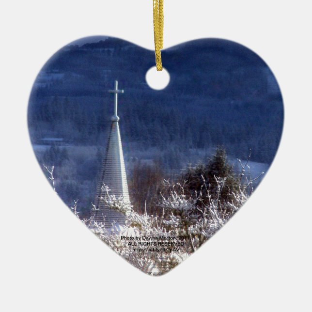 snowy church steeple ceramic tree decoration (Front)