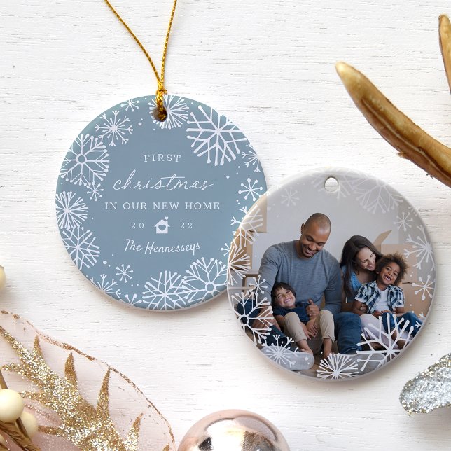 Snowy Circle First Christmas in Our New Home Photo Ceramic Ornament (Creator Uploaded)