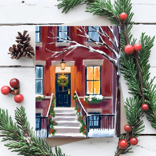 Snowy City Stoop Christmas Winter Watercolor Holiday Card