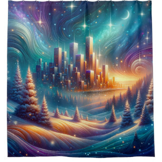 “Snowy Cityscape Under Starry Sky” Shower Curtain