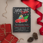 Snowy Colourful Red Truck | Christmas Save the Dat Postcard<br><div class="desc">Colourful Save the Date Christmas party postcard,  featuring a chalkboard background,  a christmas red truck,  a christmass tree,  presents,  string fairy lights,  a star,  snow and a modern template that can be easily personalised.</div>