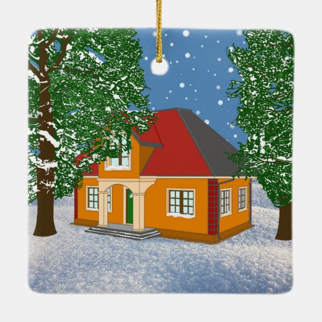 Snowy Cottage Ceramic Ornament (Back)