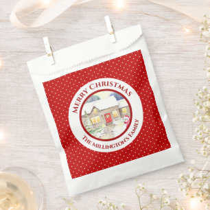 Snowy Cottage Christmas Red White Polka Dots Favour Bag