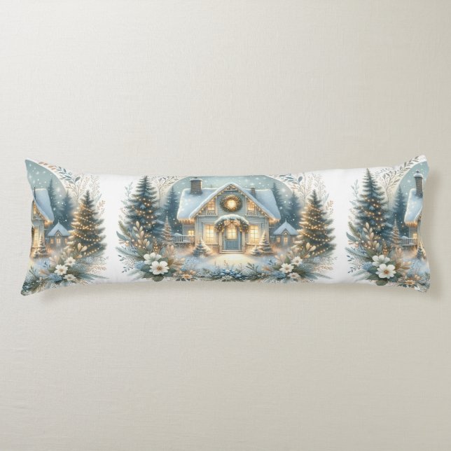 Snowy Cottage Glow Scene Body Cushion (Front)