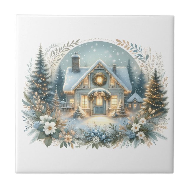 Snowy Cottage Glow Scene Ceramic Tile (Front)