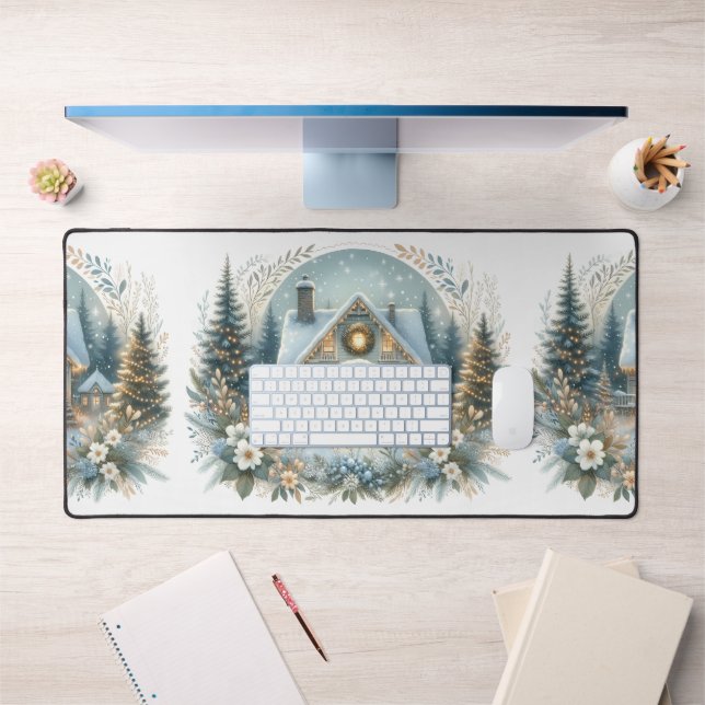 Snowy Cottage Glow Scene Desk Mat (Office 1)