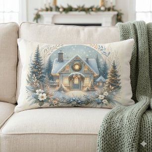 Snowy Cottage Glow Scene Lumbar Cushion