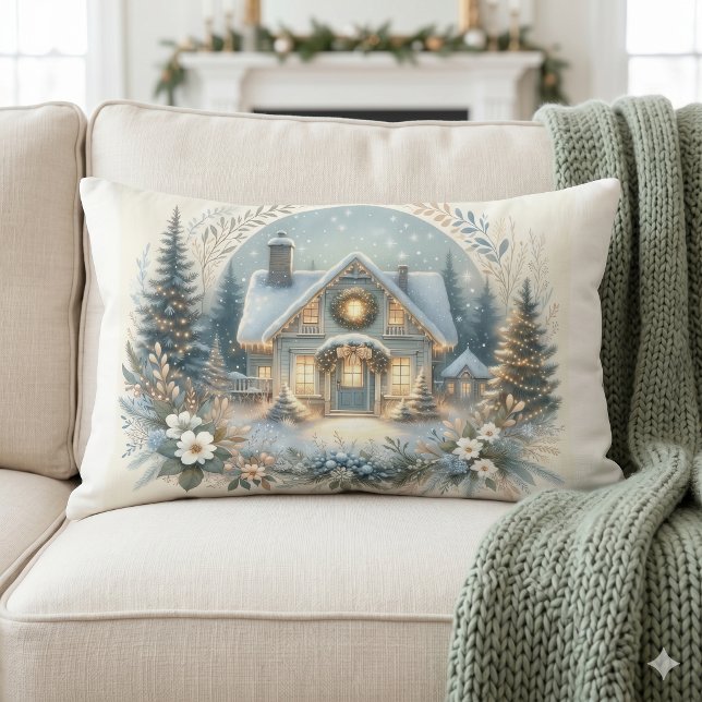 Snowy Cottage Glow Scene Lumbar Cushion (Snowy Cottage Glow Scene Lumbar Pillow)