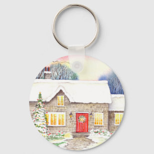 Snowy Cottage Key Ring