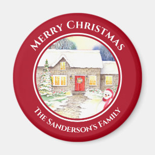 Snowy Cottage Snowman Watercolor Red Circle Magnet