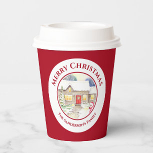 Snowy Cottage Snowman Watercolor White Circle Paper Cups