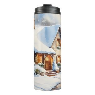 Snowy Cottage Watercolor Painting Art Thermal Tumbler