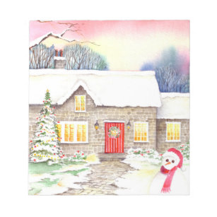 Snowy Cottage Watercolor Painting Notepad