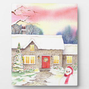 Snowy Cottage Watercolor Painting Plaque
