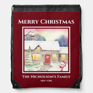 Snowy Cottage Watercolor Painting Square Red Frame Drawstring Bag