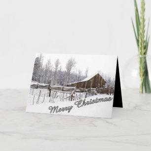 Snowy Country Barn Merry Christmas Typography Holiday Card