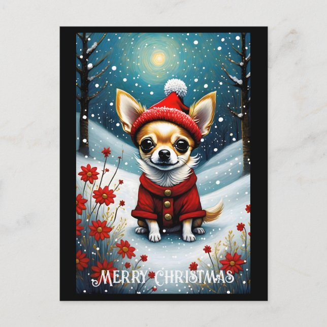 Snowy Cute Chihuahua Floral Santa Christmas  Postcard (Front)