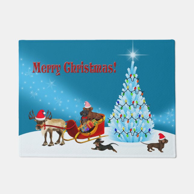 Snowy Dachshund Christmas Welcome Mat (Front)