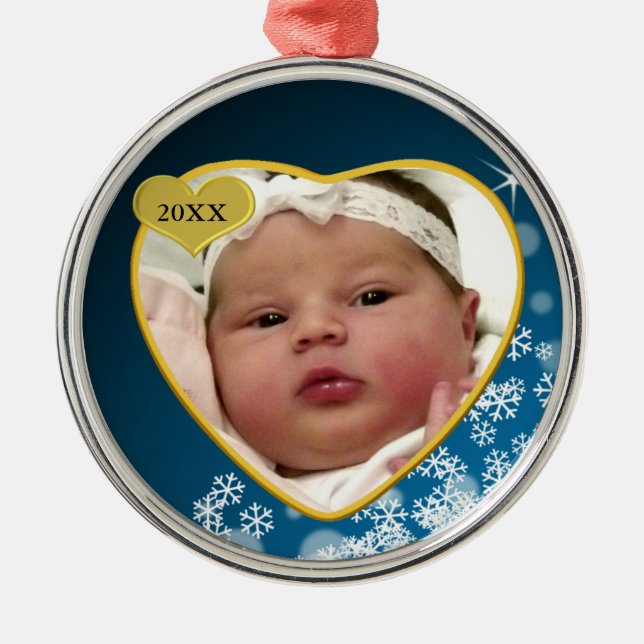 Snowy Dark Blue Baby's Birth Year Photo Christmas Metal Ornament (Front)