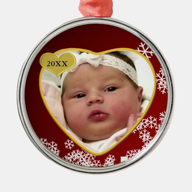 Snowy Dark Red New Baby Photo Birth Date Christmas Metal Ornament (Front)