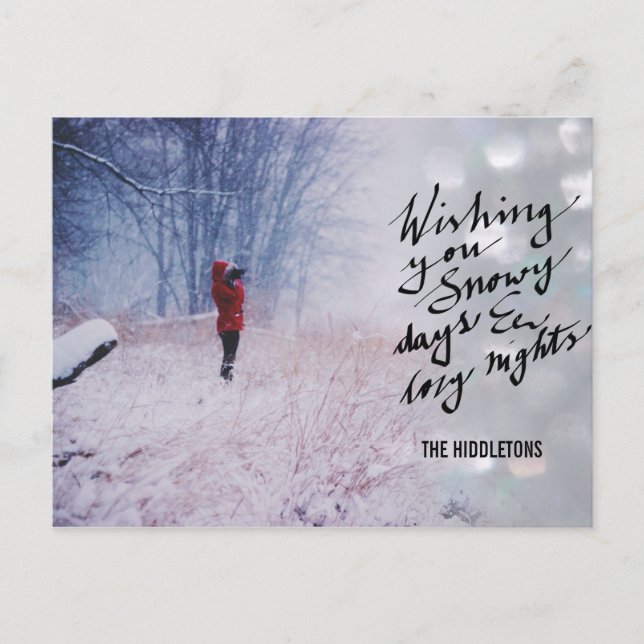 Snowy Days Cosy Nights Script Bokeh Holiday Photo (Front)