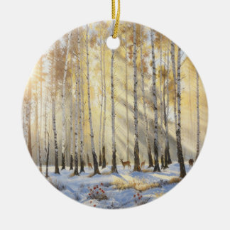 Snowy Deer Birch Ornament