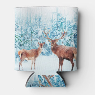Snowy Deer Family Winter Scene Can Cooler