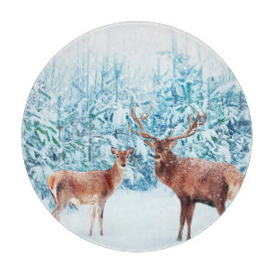 Snowy Deer Family Winter Scene Cutting Board